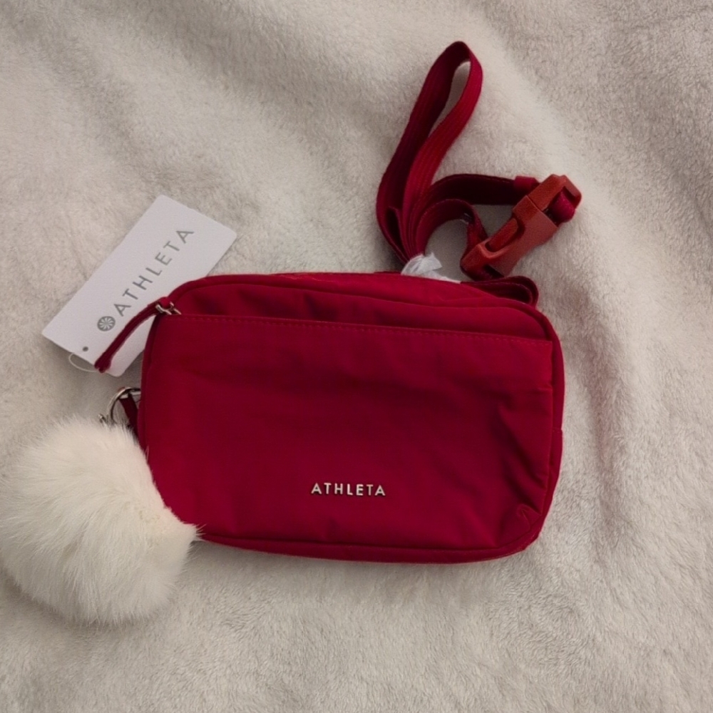 Athleta Vibrant Red Crossbody Bag with Pom Pom